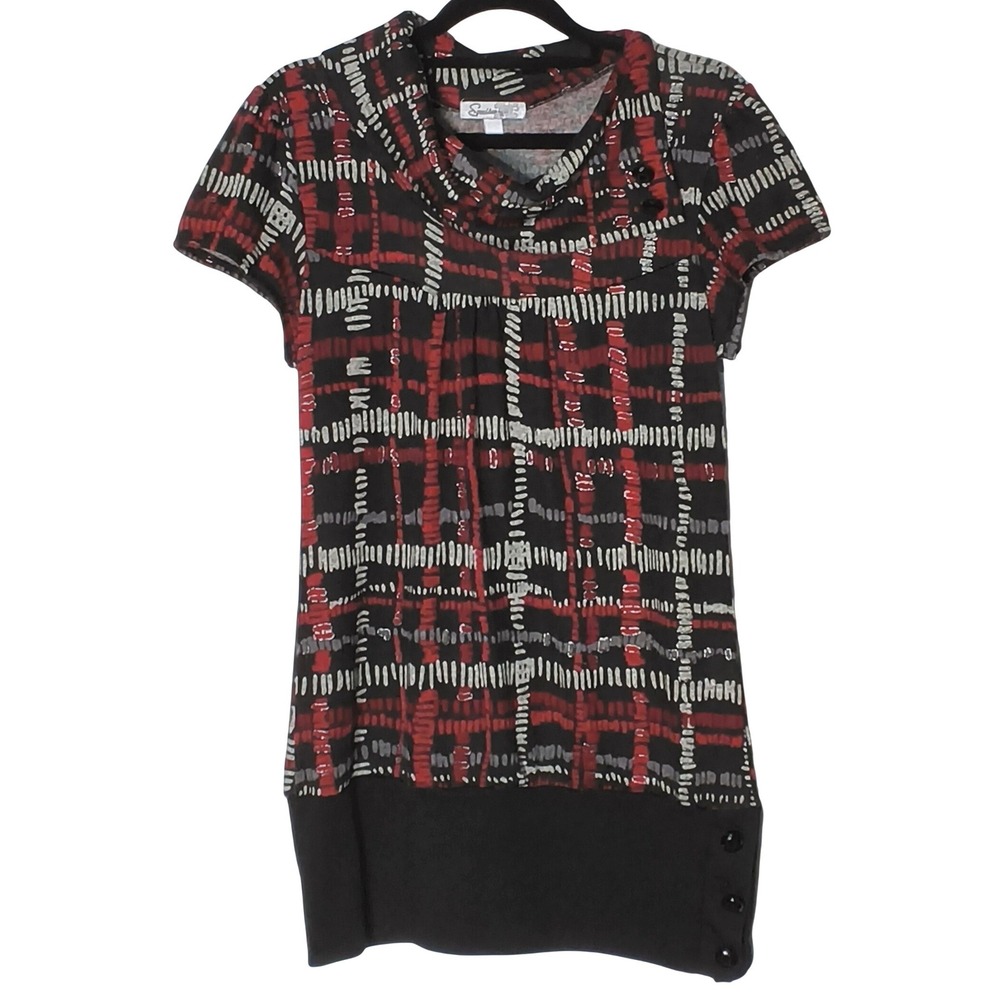 Speechless Tunic Top Womens Large Multicolor Plaid Cowl Neck Short Sleeve